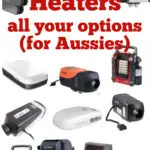 Collage of multiple heaters for a camper van, with text overlay that reads: Campervan heaters - allyour options - Aussie version.